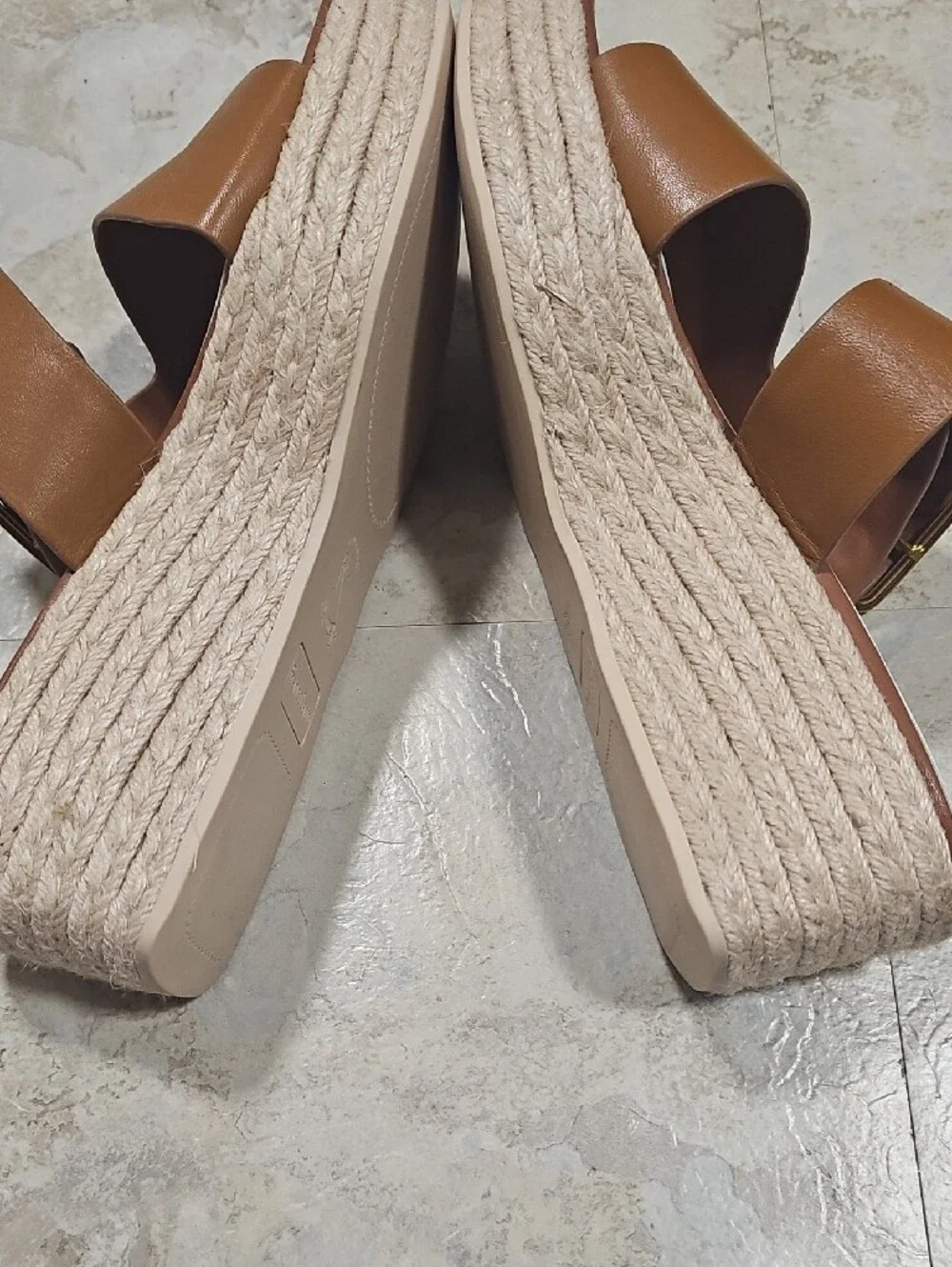 Franco Sarto Tan Brown Leather Double-Band Espadrille Wedges
